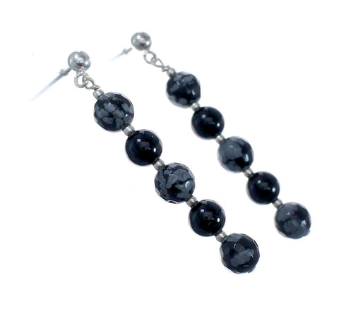 Native American Onyx And Agate Sterling Silver Bead Post Dangle Earrings JX127015